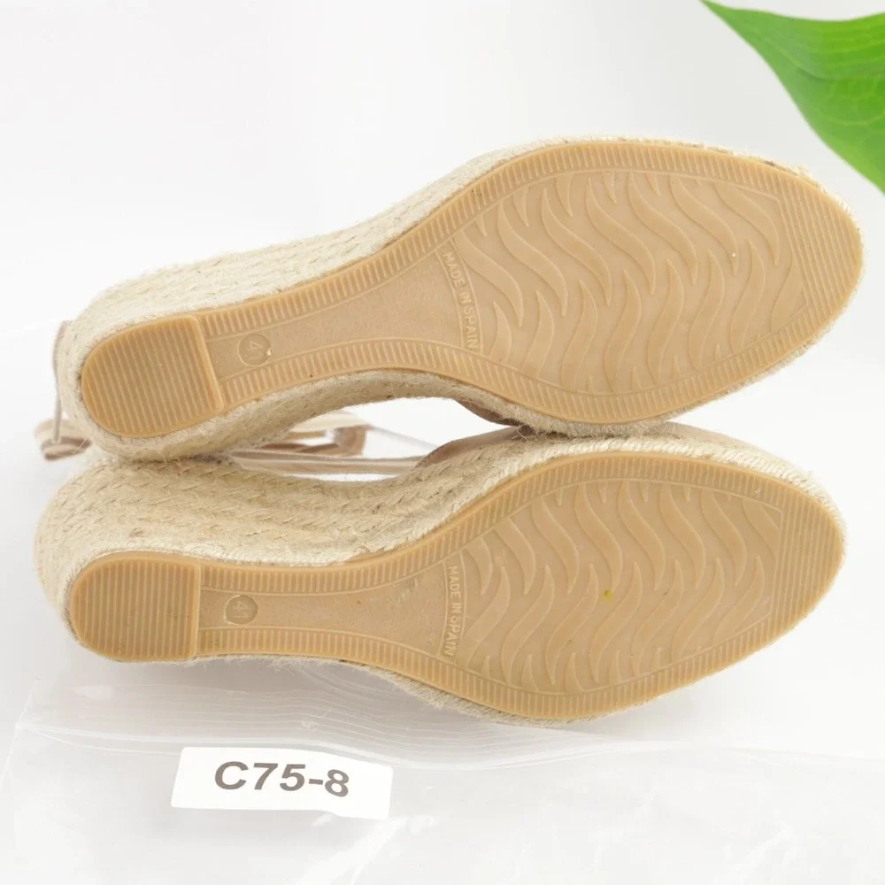 Paseart Womens Roma Sandals Size 41 10 Tan Ankle Tie Wedge Heel Espadrille Shoes